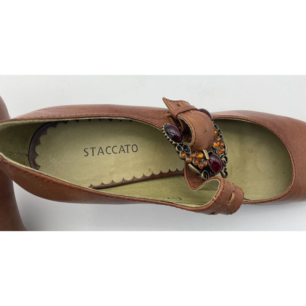Staccato Soft Brown Leather Pumps Decorative Gemstone Buckle & Woodtone Heel 7.5 - Picture 10 of 11